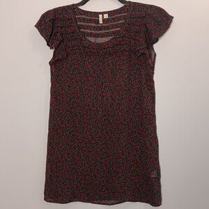 Frenchi Sheer Tunic Top, Black/Red Floral, Ruffles, Women's S